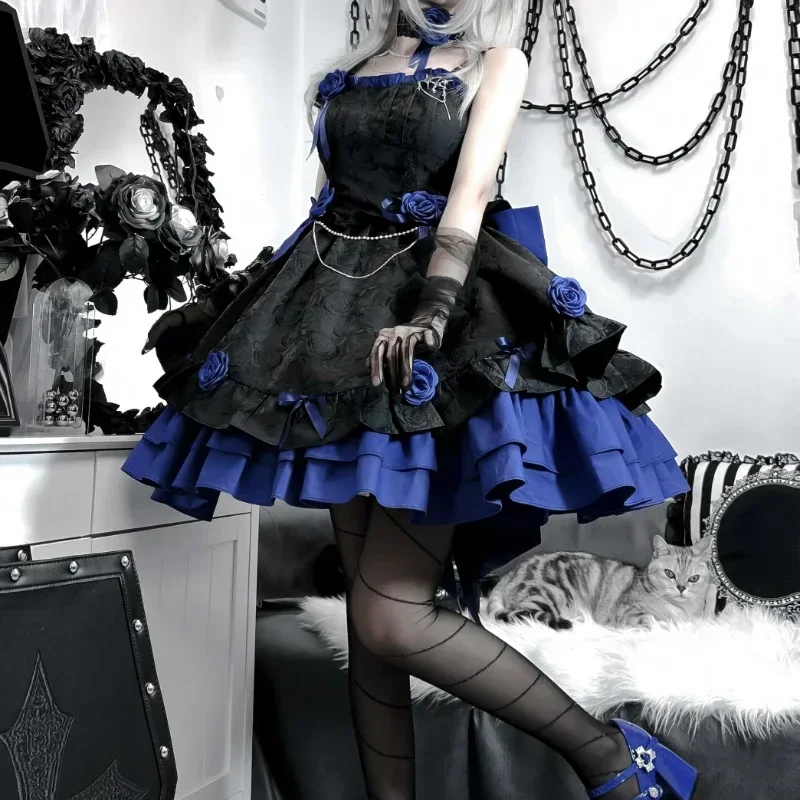 goth blue dress COALFELL Vintage Gothic Lolita Jsk Women Elegant Rose Ruffles Bow Princess Dresses Halloween Girls Tea Party Dress M but still can Tile Lady Black Tie - Size:US Women 6 - EU 37