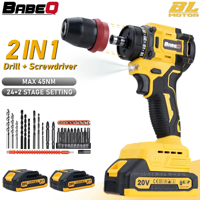 BABEQ 20V 45NM Brushless Electric Drill Double Bit 24+2 Torque Cordless Driver Drill Electric Screwdriver Household Power Tools