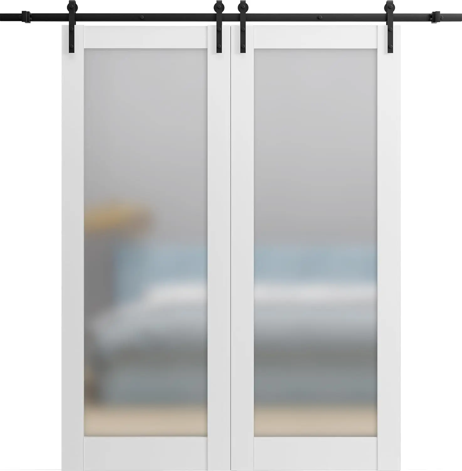 Sliding Lite Double Barn Frosted Glass Doors 84 x 84 |  White Silk | 14FT Rails Hangers Stops Hardware Set