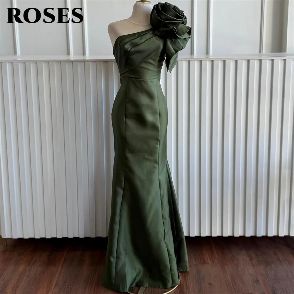 

ROSES Olive Green Party Dresses One Shoulder Celebrity Dresses Satin Mermaid Robe De Soirée Sleeveless Formal Gown Customized