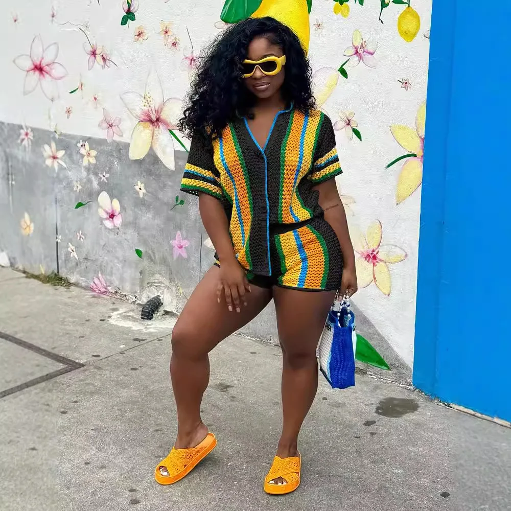 Shorts Pant Set Women Two Piece Sets Turn Down Collar Short Matching Sets Hollow Out Casual Loose Tops Elastic Waist Pants 2025