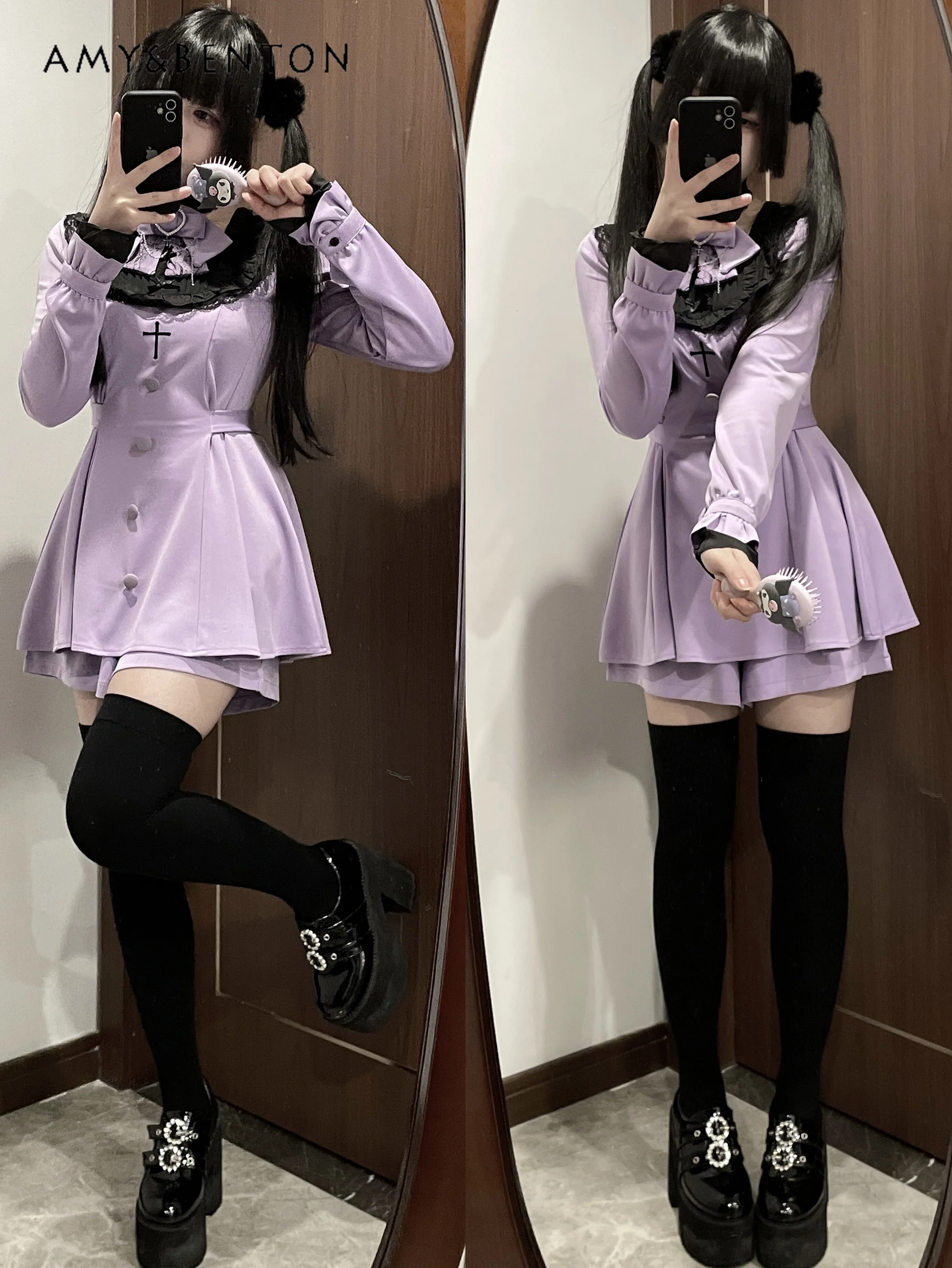 Japanese Mine Mass-Produced Lace Embroidered Bow Long Sleeve Dress Shorts Two-Piece Sets Women Spring New Lolita Liz Outfits