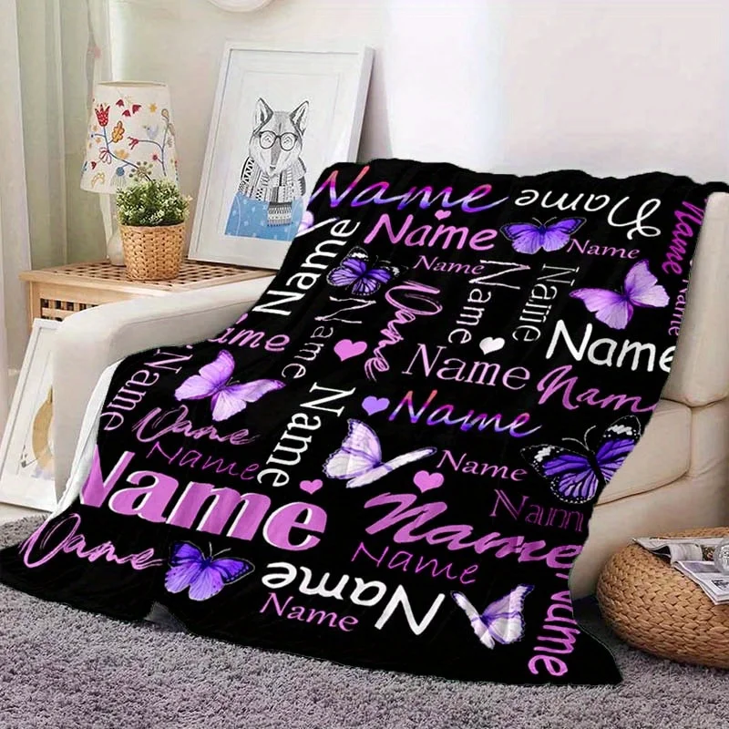 

Custom Name Flannel Throw Blanket For Soft Girls Warm Butterfly Blanket For Sofa Bed Travel Camping All Seasons Birthday Gift