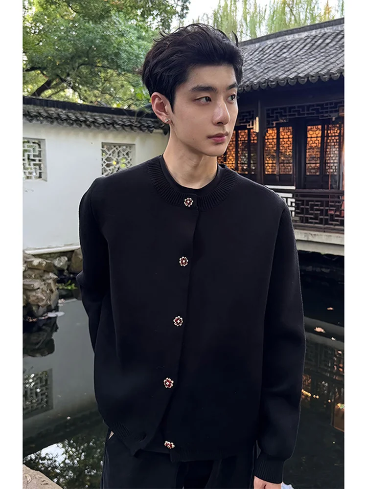 

American Retro Knitted Button up Cardigan Men's Autumn Winter Lazy Sle High End Feeling Bla Sweater Jaet Casual Faion