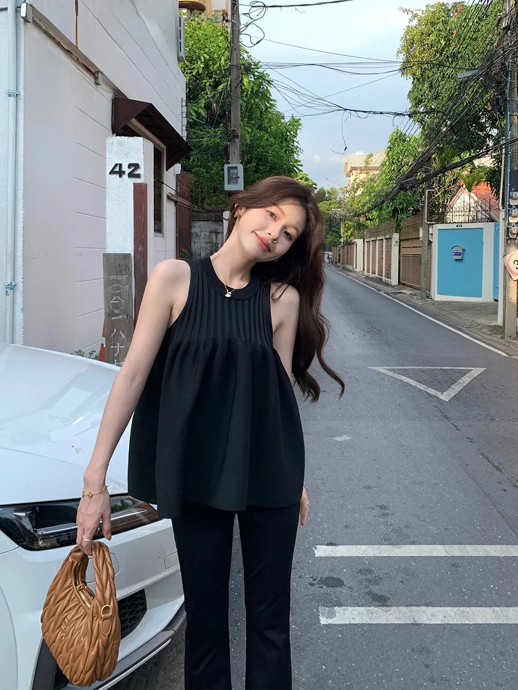 

Вязаный топ Syeee Blacurrant с круглым вырезом для женщин: универсальный, стройнящий, модный жилет для весны и лета, элегантный.