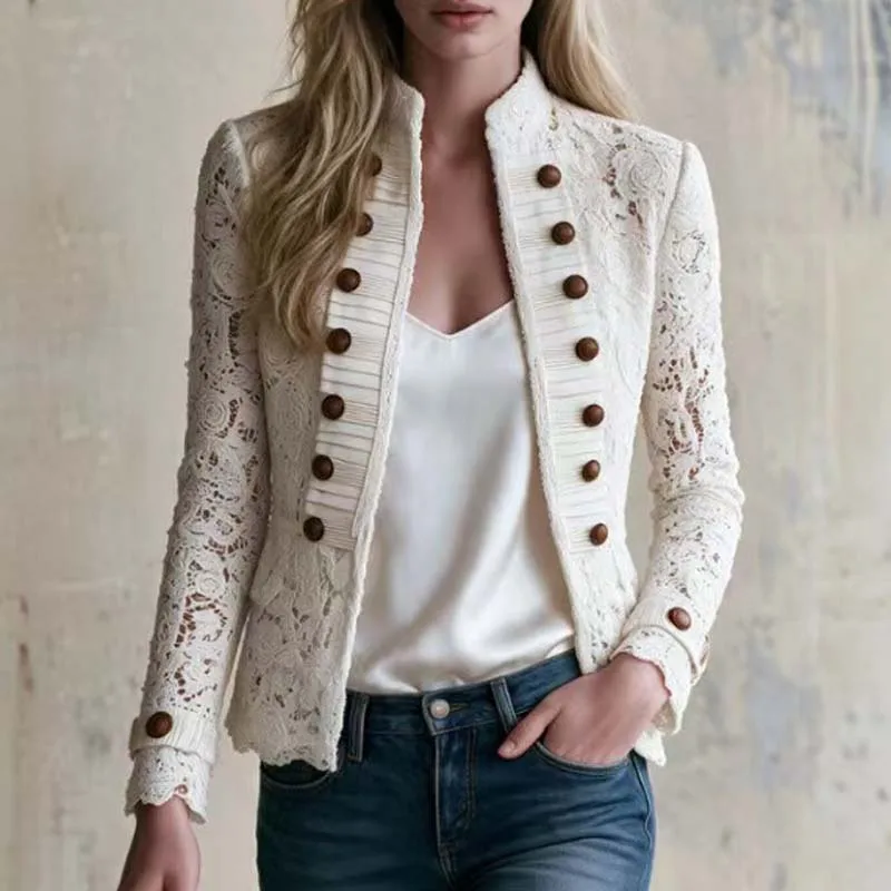 Women Elegant Lace Cropped Jacket Stand Collar Long Sleeve Button Decor Slim Fit Short Coat Vintage Casual Outerwear For Daily