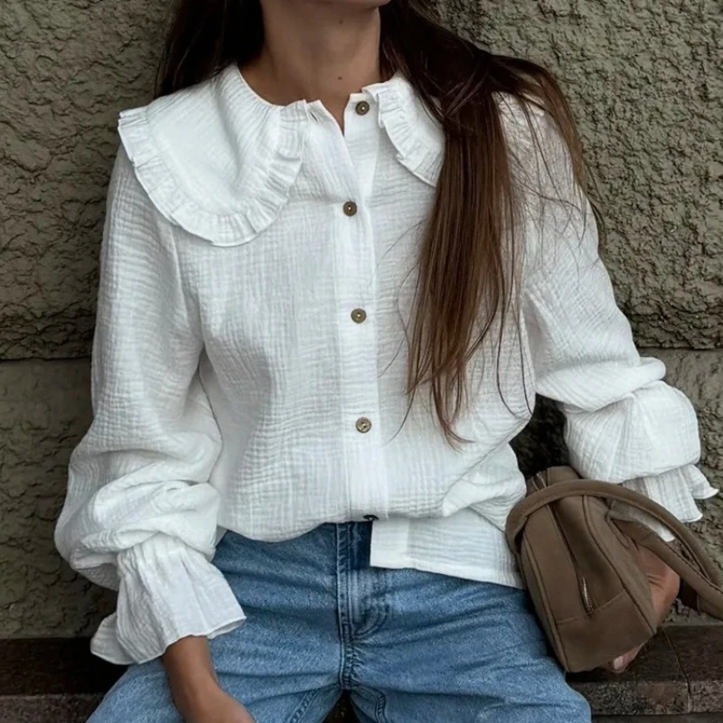

Temperament Autumn New Women's 100% Cotton Babydoll Collar Shirt Ruffled Lantern Sleeve White Loose Long Sleeve Blouse