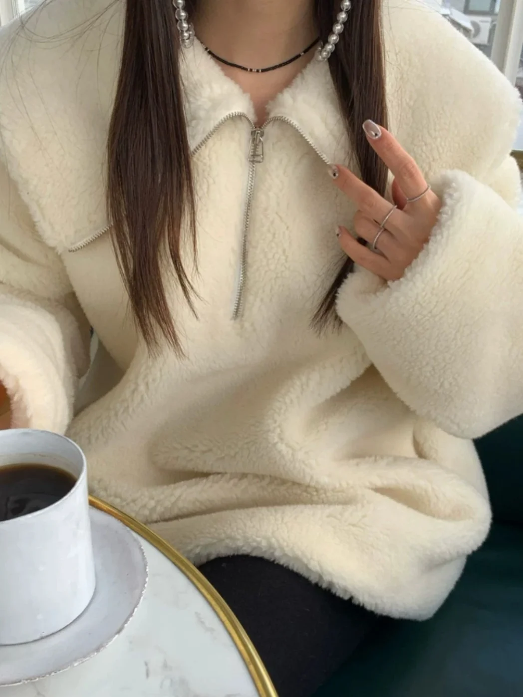 ラムファーフーディー Jaet レディース ルーズ ラジー スレ シュ  ウォーム f ジッパー コットンコート 上半身 無地 通勤 冬 ロングコート