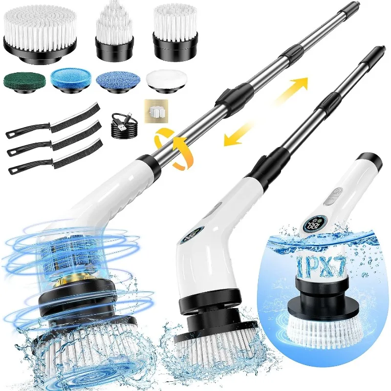 Electric Spin Scrubber, Full-Body IPX7 Waterproof Cordless Power Cleaning Brush with Adjustable Extension Handle