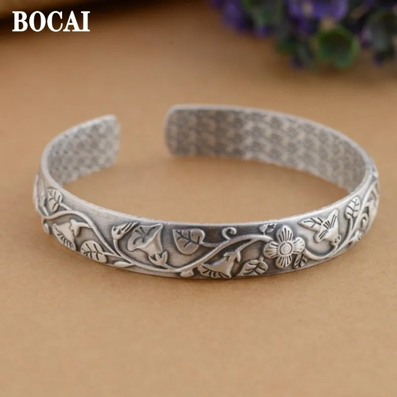 

BOCAI New Real s990 Silver Bracelet for Women Matte Craft Women's Flower Rich Bracelet Fashion Jewelry Accessories