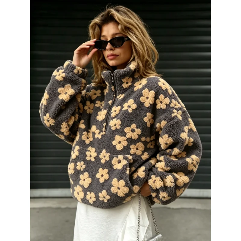 Floral Sherpa Women Half‑Zip Pullover, Stand Collar Kangaroo Pocket Cropped Drawstring Hem Drop‑Shoulder Fuzzy Fleece Sweatshirt