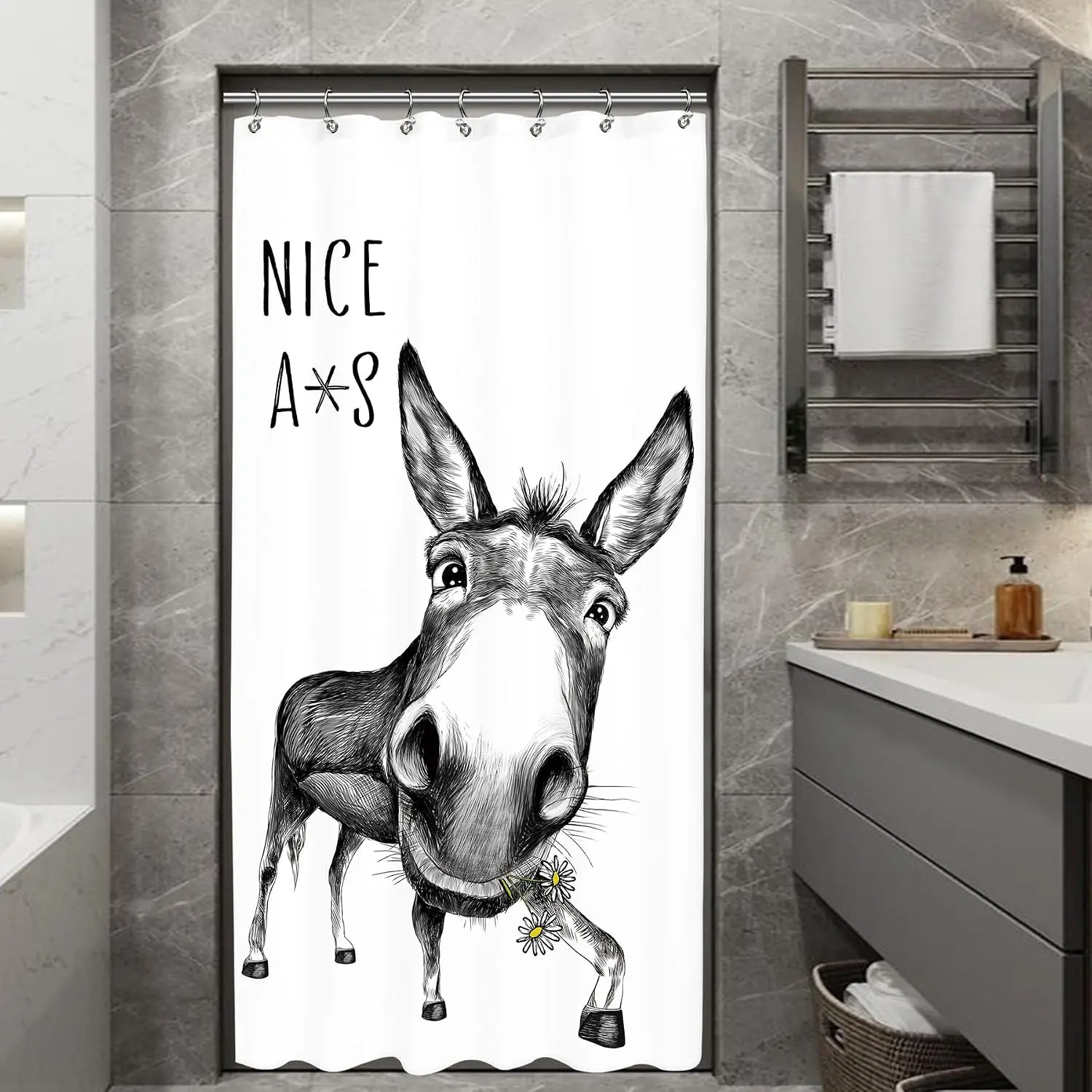 Cute Donkey Shower Curtain Bathroom Liner Waterproof Black and White Sketch Artwork Novelty Decor Farmhouse Style Funny Animal D