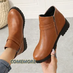 Scarpe da donna 2025 Trend piattaforma femminile occidentale punta tonda stivaletti tinta unita PU stivali autunnali donna autunno inverno Plus Size