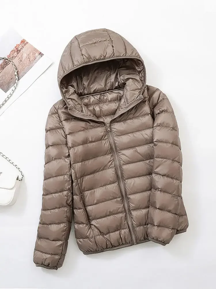 0-10 ℃   Chaquetas de invierno acolchadas para mujer, chaqueta de plumón de pato ultraligera, abrigo cálido y delgado con capucha a la moda para mujer, ropa de abrigo portátil
