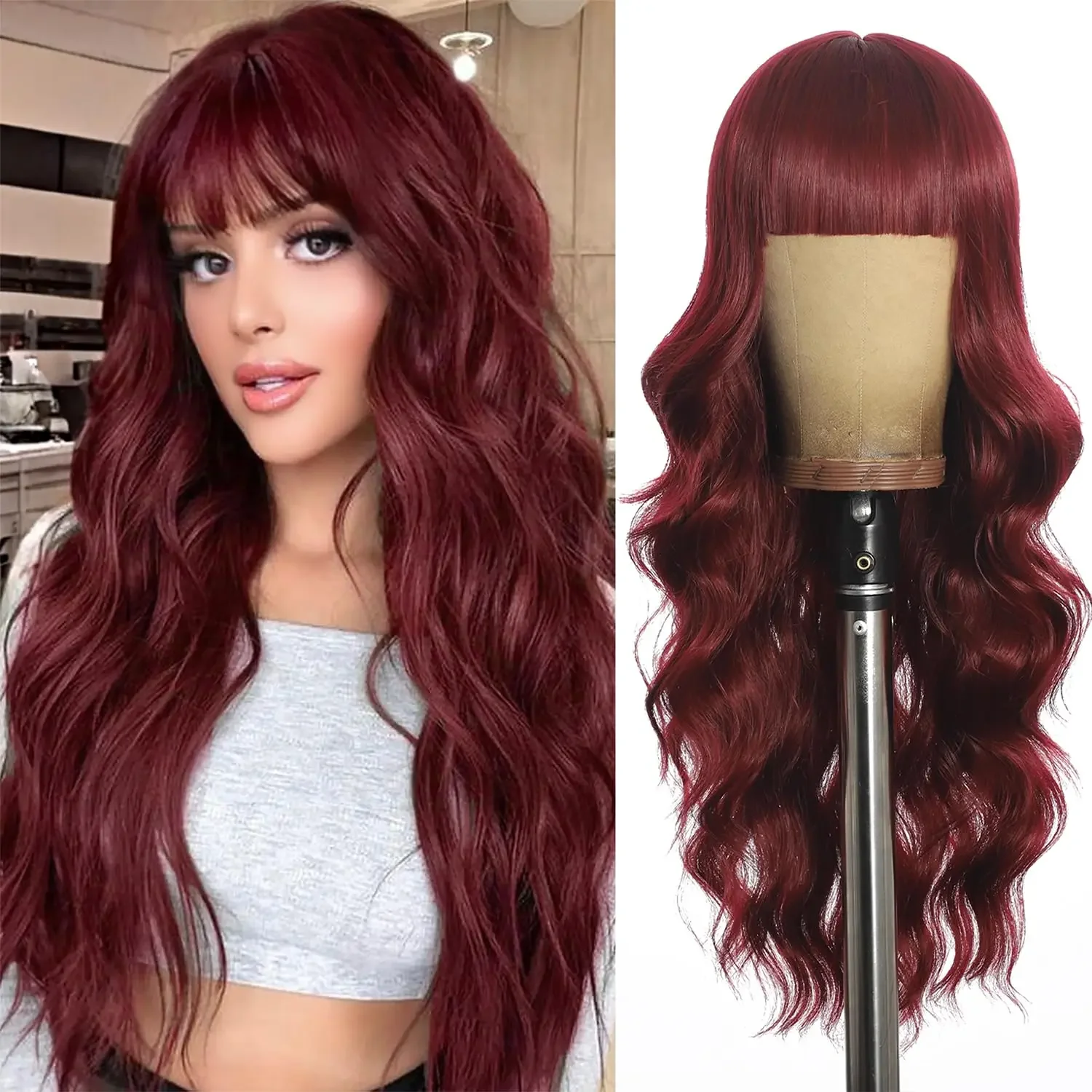 

Red wine color synthetic wig with big waves for party, Halloween cosplay, everyday use, high-temperature hair silk wig set