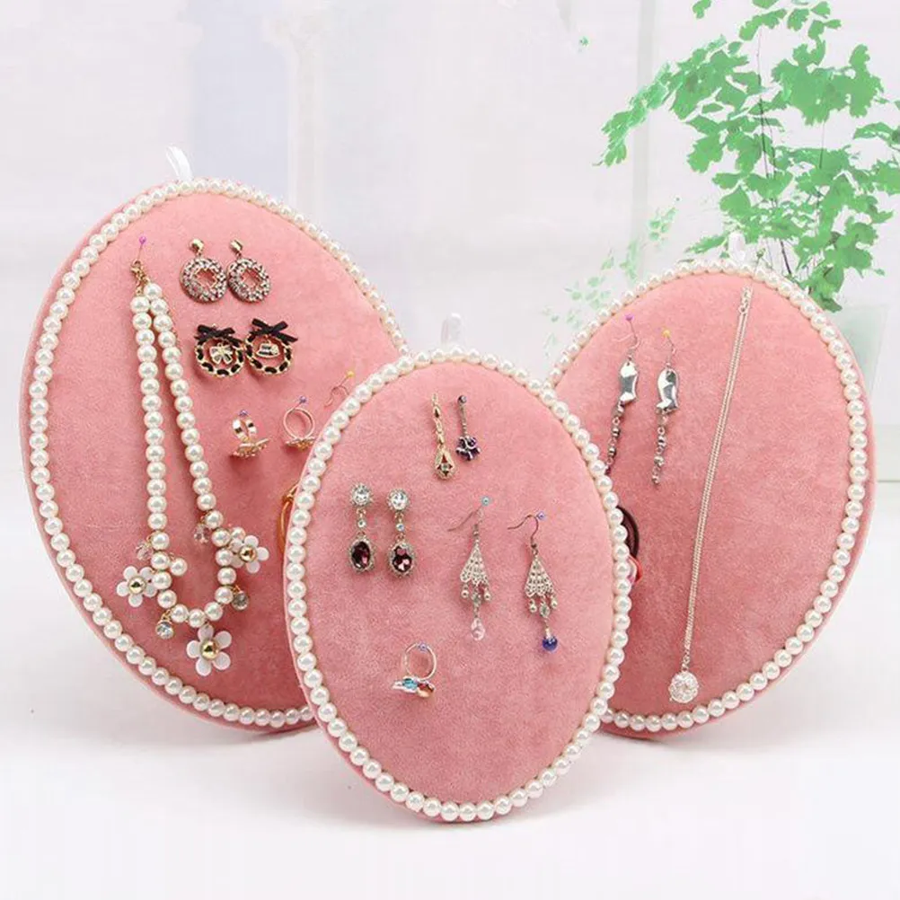 

Oval Earring Storage Box Pink Jewelry Display Board for Women Earrings Holder Organizer Stand with Pearl Trimmed Rim Size L