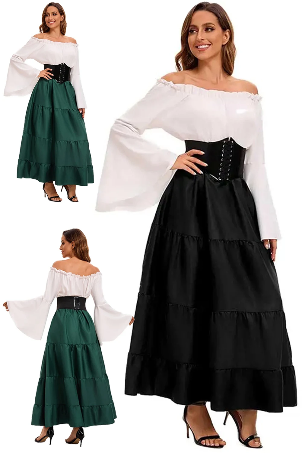 

Flare Sleeve Dress Medieval Women Cosplay Costume Gothic Renaissance Corset Costume Female Disguise Roleplay Halloween Outfits