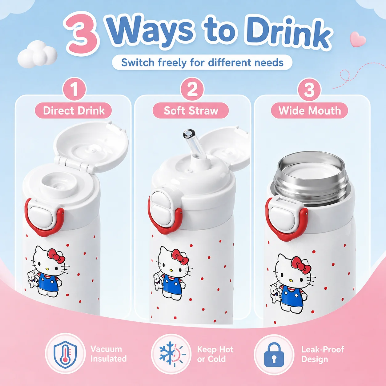 Sanrio 500ML Vacuum Flask SUS316 Stainless Steel Insulated Water Bottle One-Touch Lid 3 Drinking Ways Thermos Cup view 2