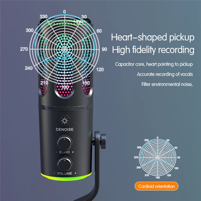 

Practical-Professional Gaming Microphone With Stand RGB USB Wired Condenser Mic For PC Laptop Streaming Podcast Karaoke