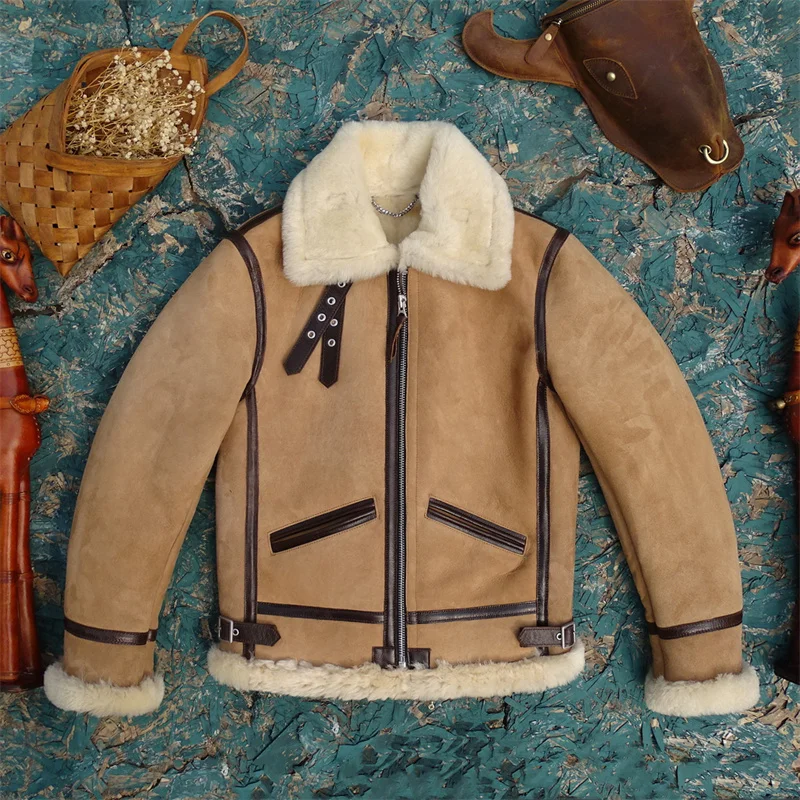 

Классическая кожаная летная куртка B3 из овчины, с бархатистой поверхностью цвета песка, с белым мехом, теплосберегающая, класса люкс
