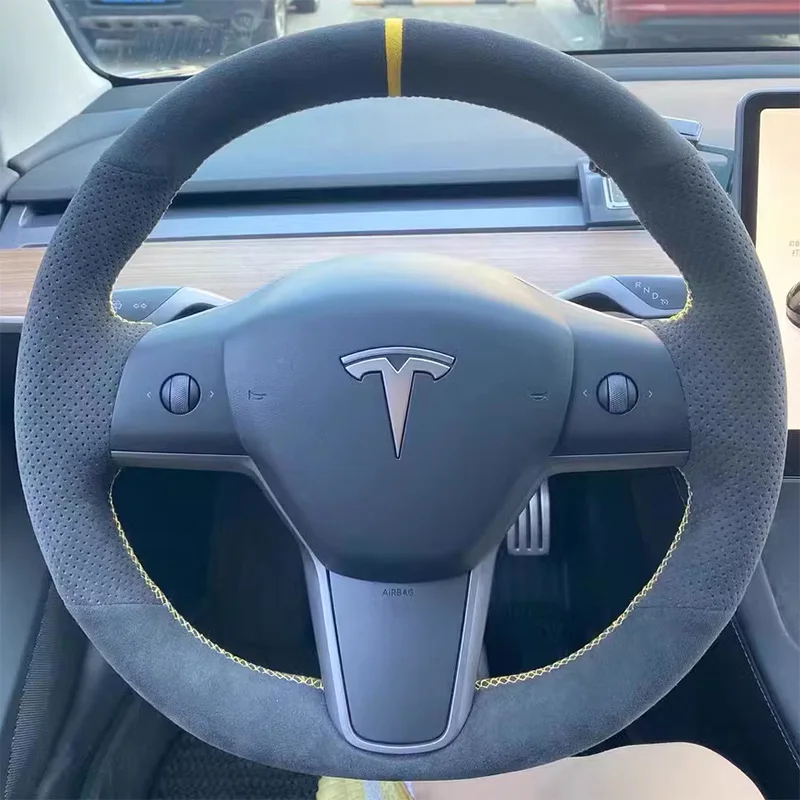 Pelle scamosciata per Tesla Model 3 Model Y Cucito a mano Coprivolante per auto Guscio protettivo Accessori interni per auto Grigio antracite