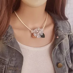 Women Handmade Pearl Flower Wooden Leaf  Pendant Necklace for Women Daily Wear RetroVintage Jewelry Gifts Free Shipping