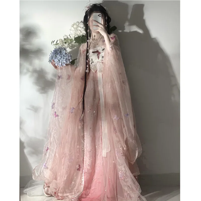 LiuTingJu Elegant Pink Heavy Industry Butterfly Embroidered Hanfu Dress For Women 2022 Summer Tang Dynasty Girl's Princess Dress