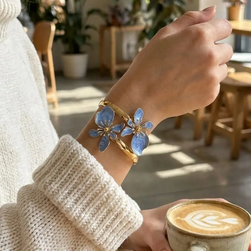 Elegant Enamel Flower Open Cuff Bracelet For Women Gold Plated Metal Pink White Blue Floral Bangles Beach Party Vacation Jewelry