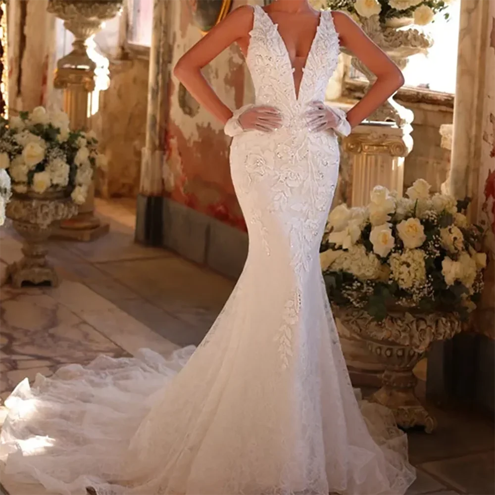 Vestidos de novia clásicos con cuello en V, apliques sin mangas, sirena, vestidos de novia personalizados