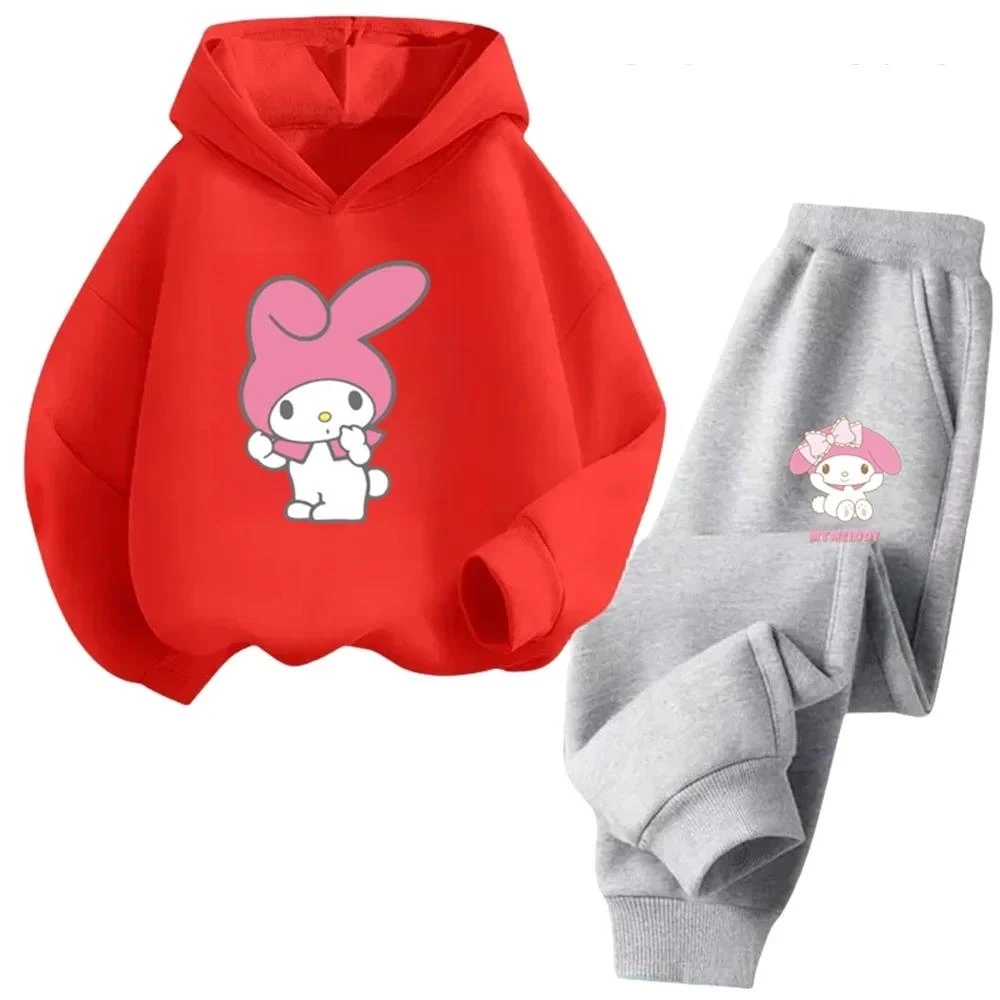 Primavera e autunno 2024 Sanrio Melody Abbigliamento per bambini Felpa con cappuccio per ragazze Set Top con cappuccio Graffiti Stampa di cartoni animati Stile carino