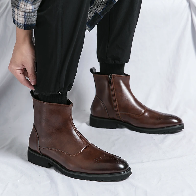 

Retro Men Ankle Boots with Pointed Black Brown Side Zippers Casual Business Brand Boots Sizes 38-46 Men Boots