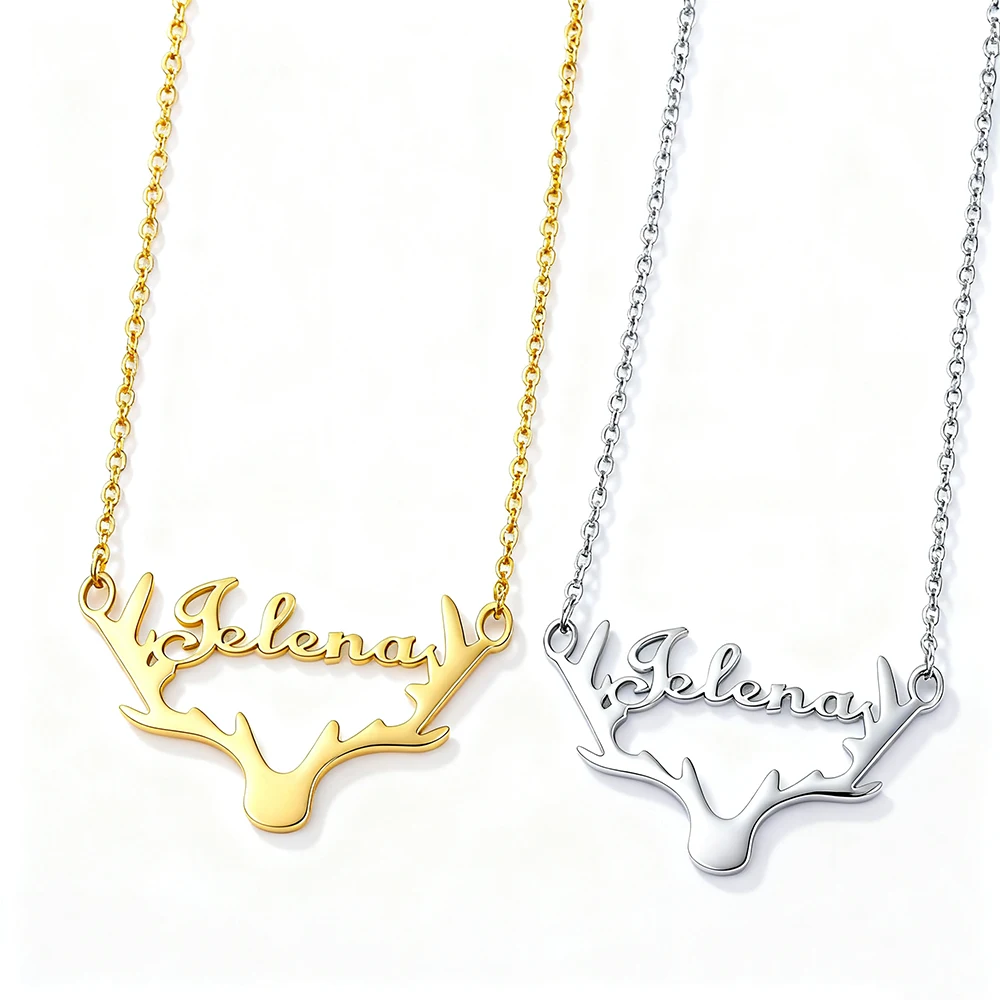 

YOUSHANG Personalized Custom Name Necklace for Women Stainless Steel Deer Antler Pendant Christmas Festive Jewelry Gift