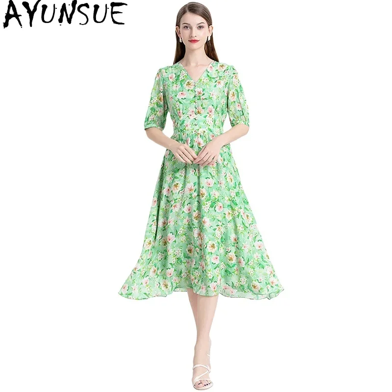 

AYUNSUE 100% Real Mulberry Silk Dresses Summer 2024 Woman Party Long Dress Luxury Fashion Women Clothing Retract Waist Vestidos