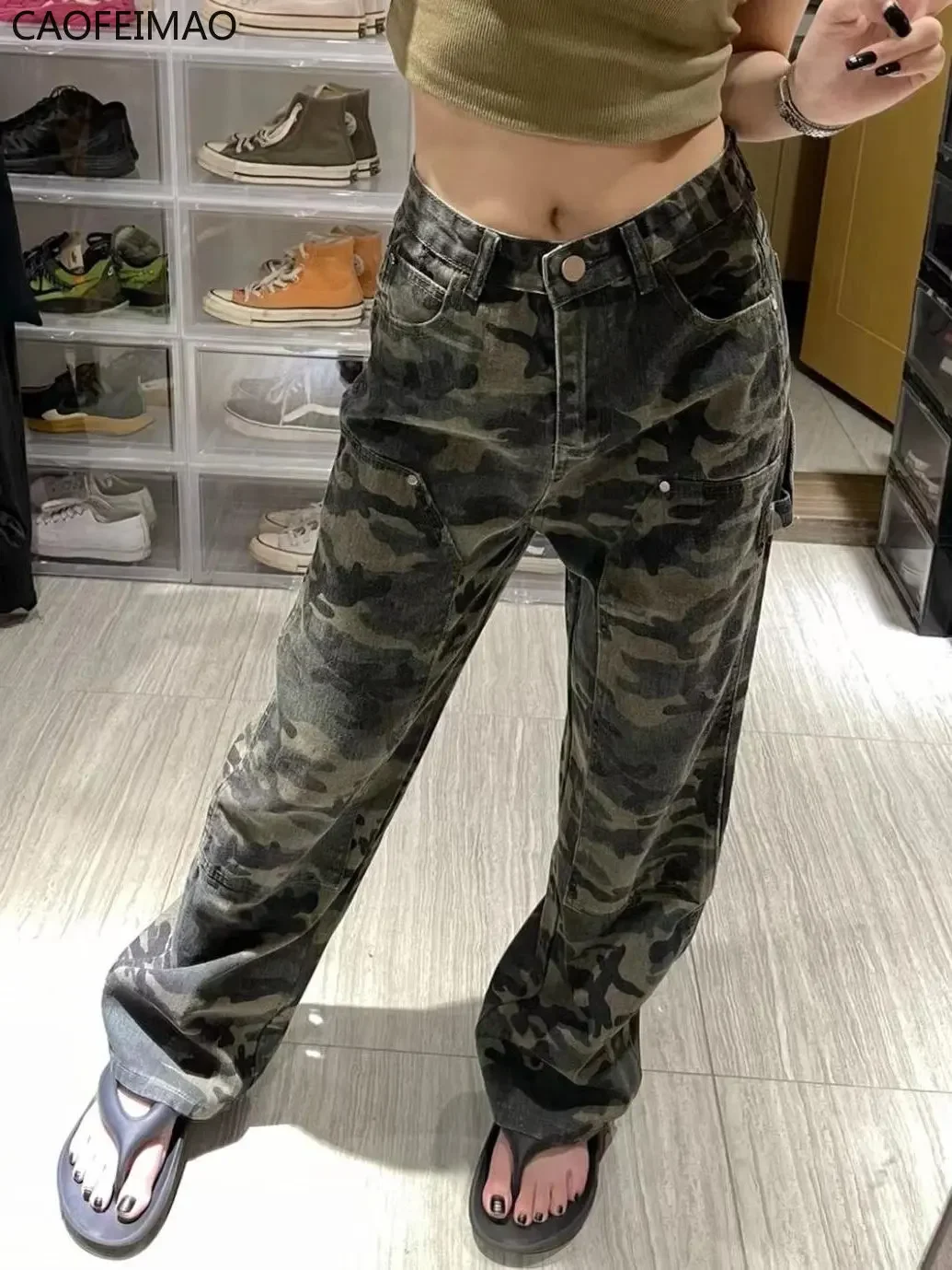 2025 Autumer Winter Baggy Vintage Camouflage Green Women Cargo Pants High Wist Straight Casual Bottoms Denim Trousers Streetwear