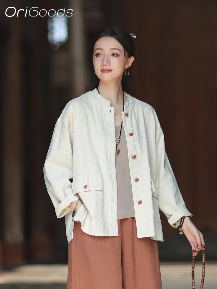 

OriGoods блузка с длинными рукавами в китайском стиле, винтажная льняная рубашка, пальто, женское хлопковое пальто из рами, свободного покроя, японское пальто в стиле дзен C139
