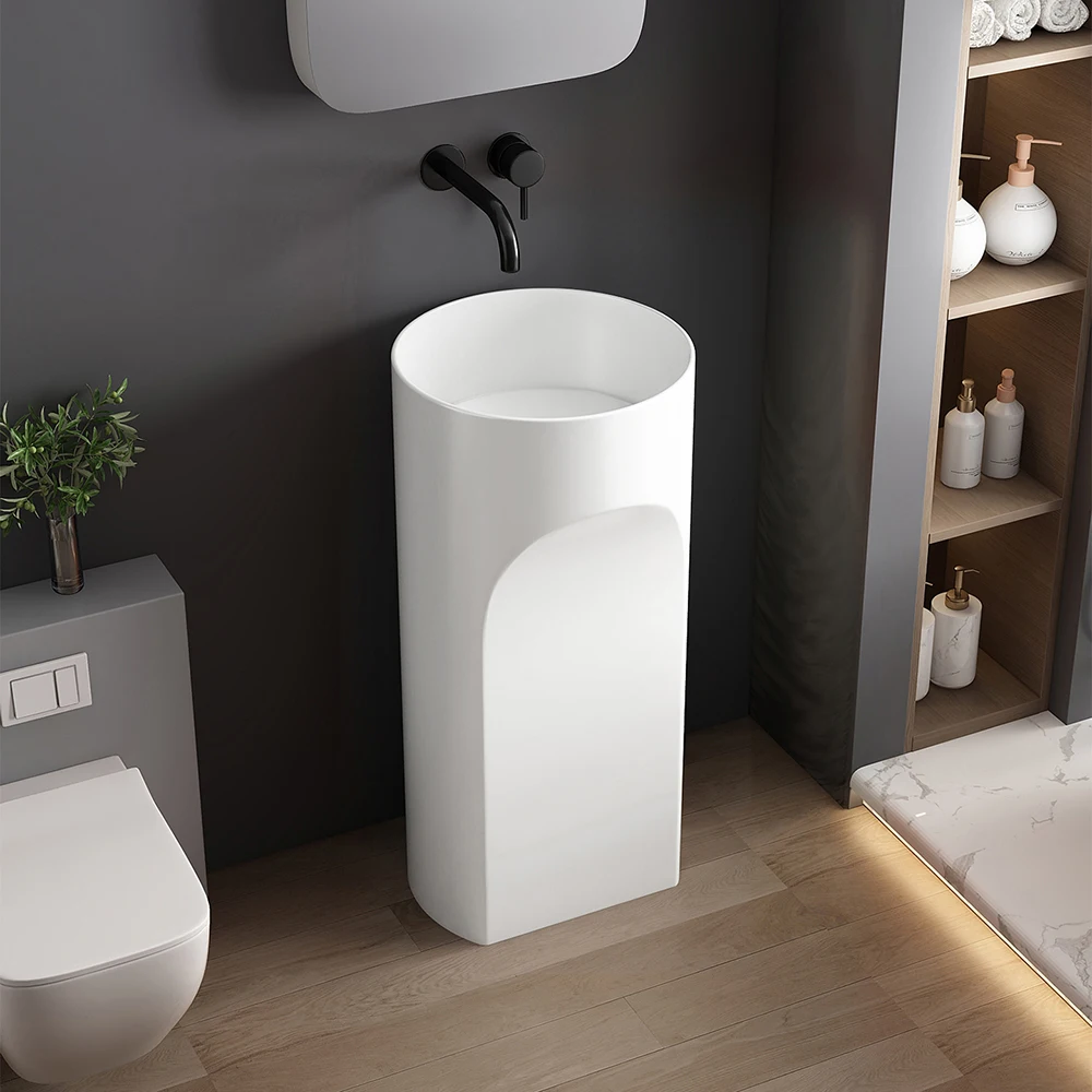 One piece freestanding ceramic pedestal sink, glossy glaze stain resistant, fit home hotel and homestay balcony use.