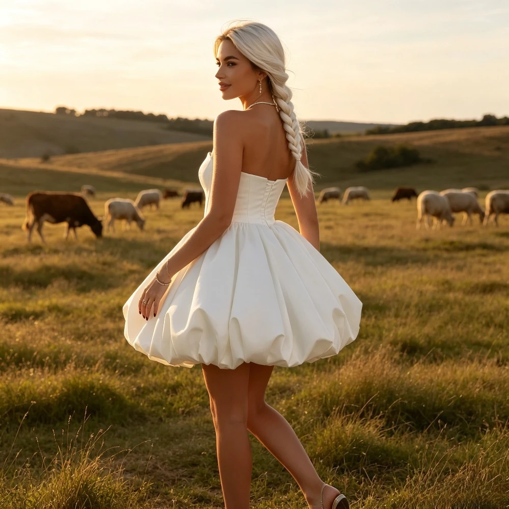 Customized Elegant Square Neck Satin Mini Wedding Dress Suitable for Evening Party 2026 No Cuff Fluffy Skirt Short Bridal Gown