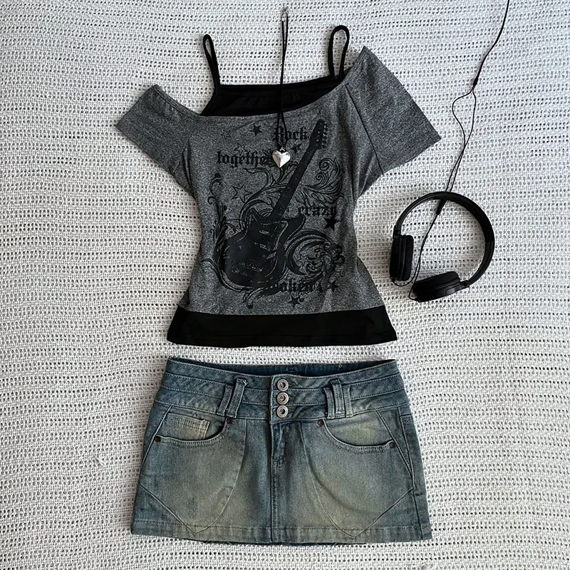 Y2k Slim Fit Print Tops Women Off Shoulder Short Sleeve Tee Shirt Neploe American Vintage Fake Two Piece Halter Lace Up T-shirts