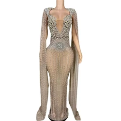 Sexy Luxury Rhinestone See Through Back Slit Sheath Dress Birthday Evening Party Performance Nightclub Singer Photoshoot Dress