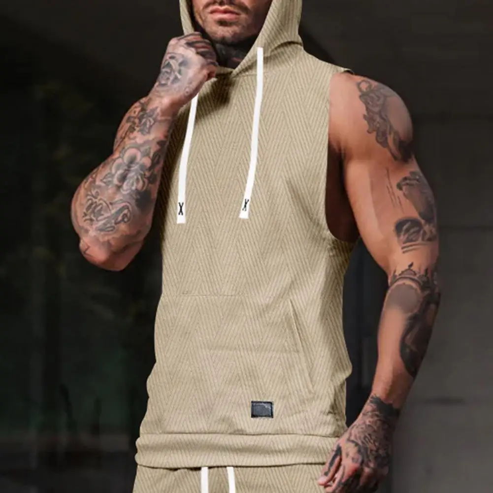 Summer Sleeveless Knit Vest Men's Casual Hooded Knitted Vest with Front Pocket Large Pockets Sports Style for Fitness for Men