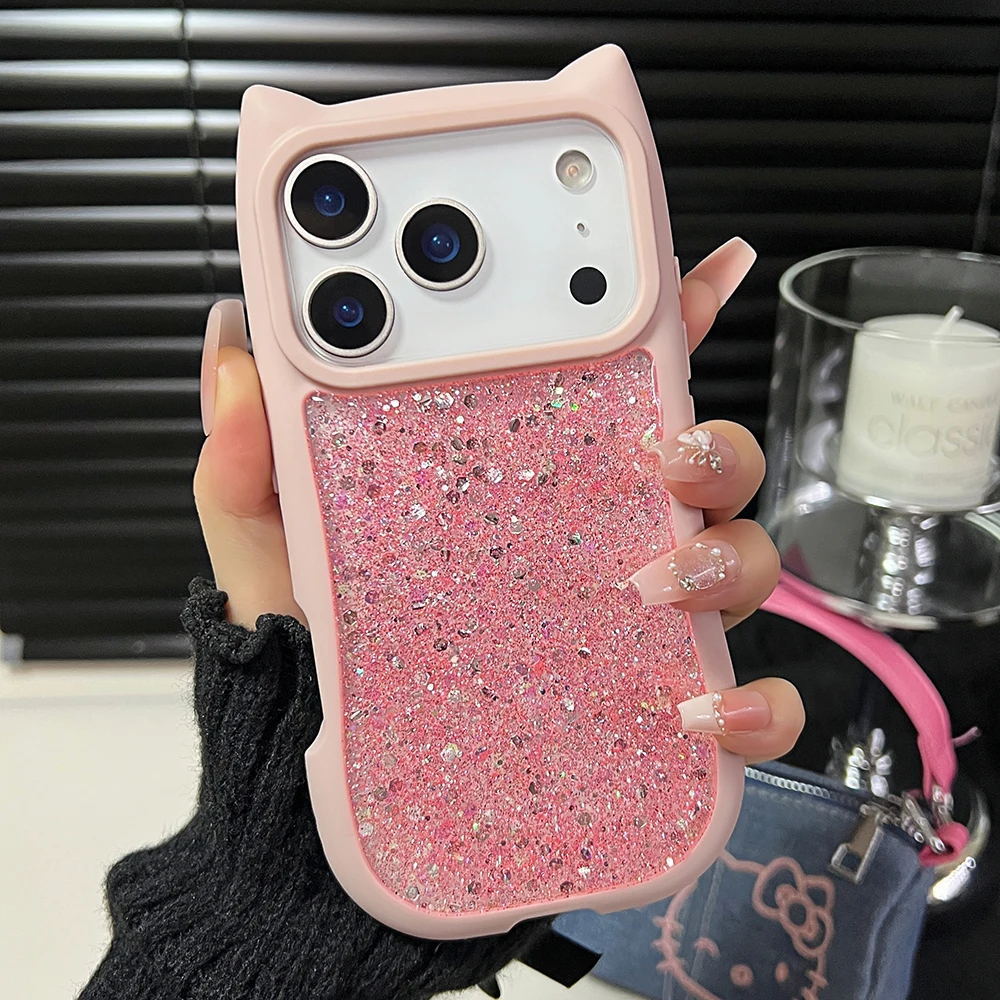 

Cartoon Cute 3D Cat Ears Glitter Phone Case for IPhone 11 12 16 15 14 13 17 Pro Max 16 Plus Air Shockproof Protective Cover Case