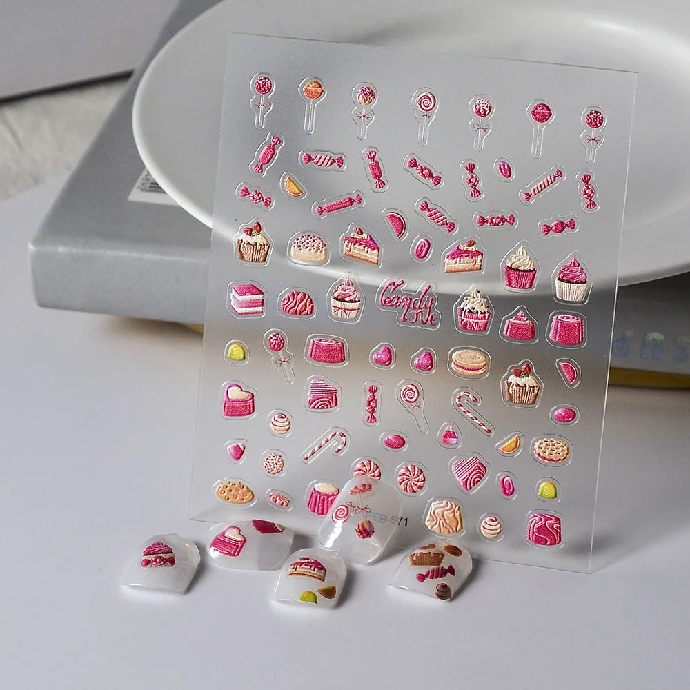 

5D Розовые наклейки для дизайна ногтей с десертом, наклейки для торта, конфет, наклейки для ногтей, самоклеящиеся наклейки для дизайна ногтей, украшения для маникюра
