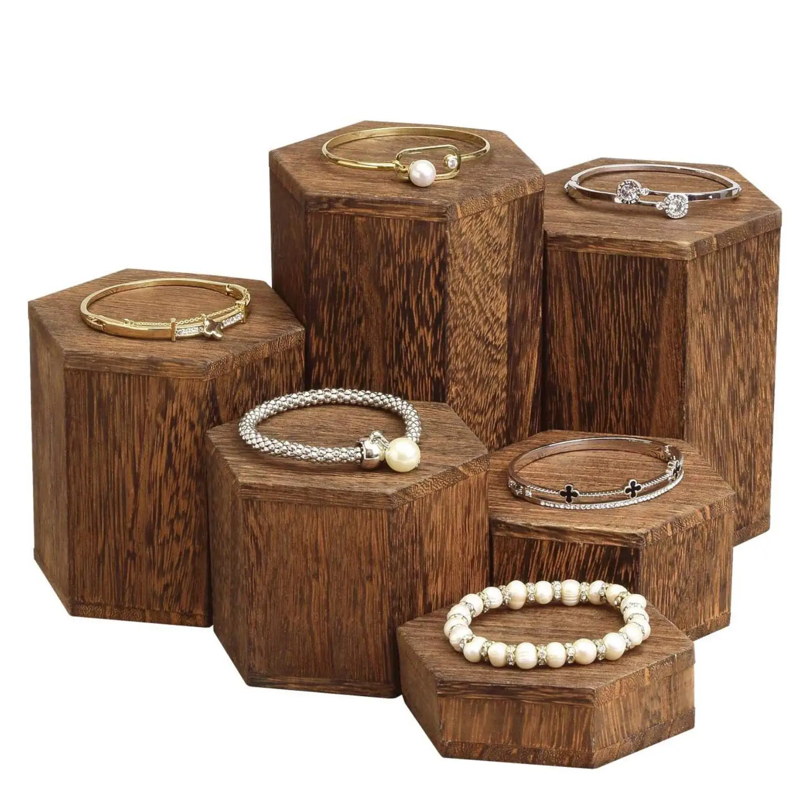 6 Pieces Hexagonal Display Blocks Wooden Hexagon Display Risers Step Plinths Hexagon Display Stand Set for Retail Desserts view 4