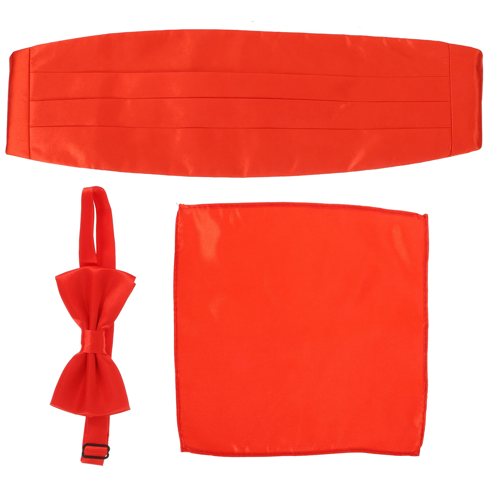 

Men Shiny Bow Tie Cummerbund Set Pocket Hankie Red Satin Polyester Fully Lined Silver Clip Adjustable Stitched Borders