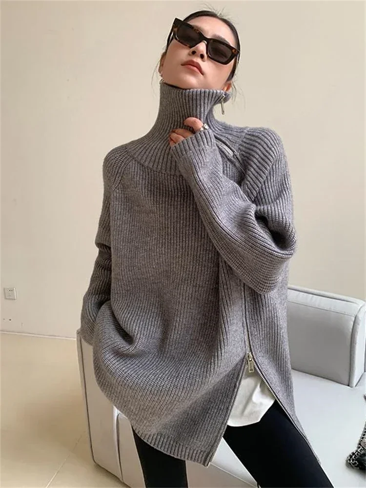 Women\'s Turtleneck Zipper Oversize Fashion Women Sweaters 2024 Autumn Knitwears Loose Thick Warm High Neck Solid Pullovers Women