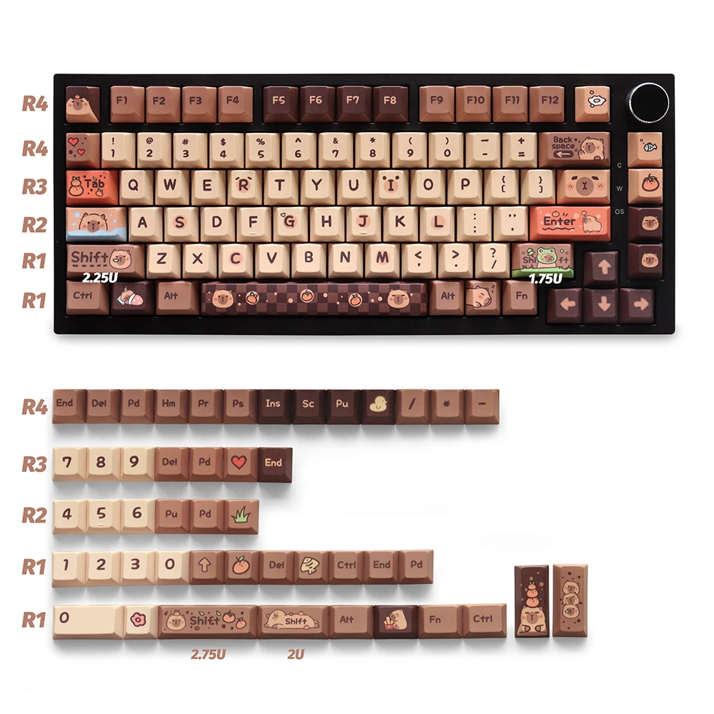 Capybara Cherry Keycaps PBT 129 Keys Five Side Dye-Sub Keycaps for Mx Switch GH60/GK61/GK64/84/87/96/104/108 Mechanical Keyboard