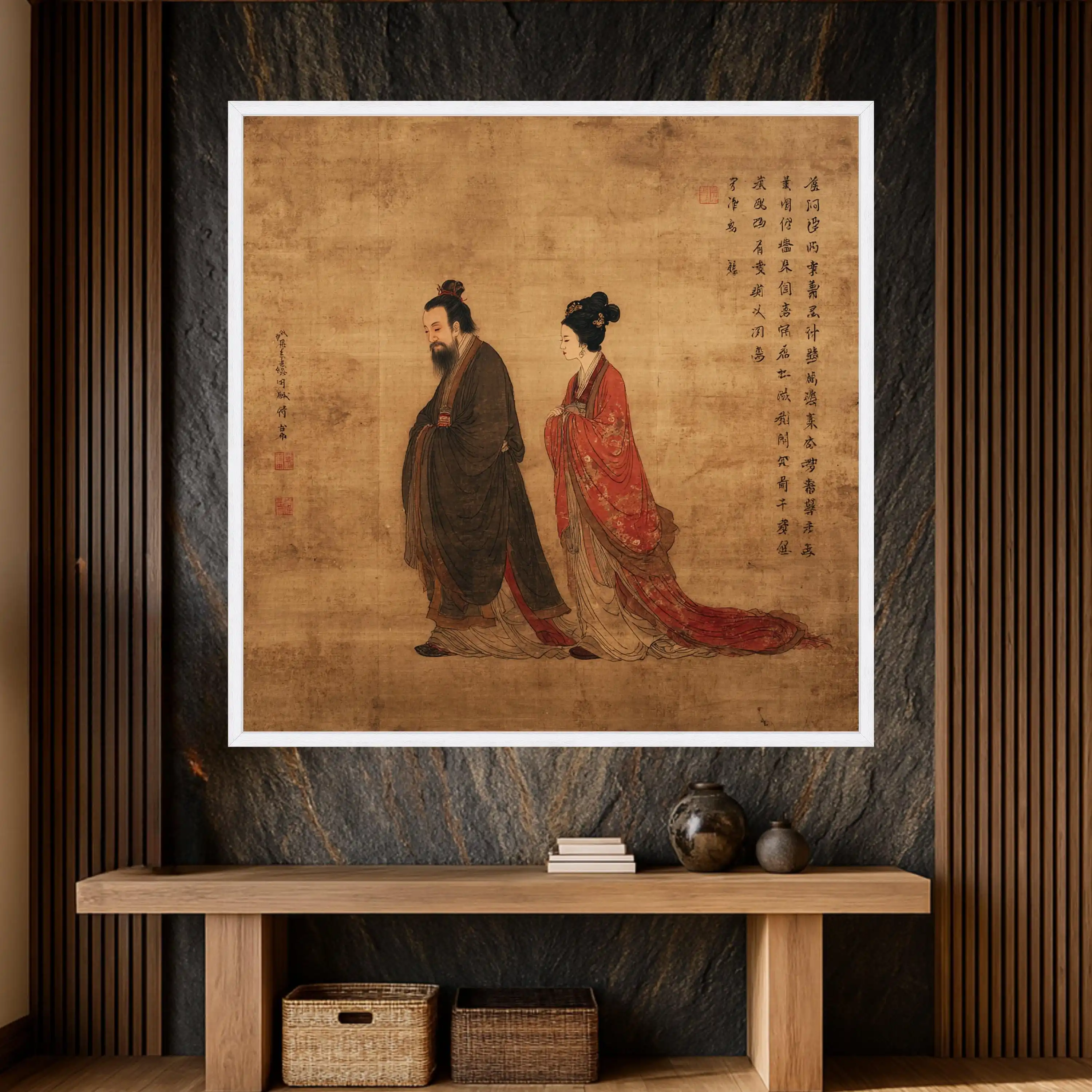 Chinese Style Classical Traditional Hanfu Couple Art Canvas Painting Ancient Calligraphy Historical Portrait Posters Study De