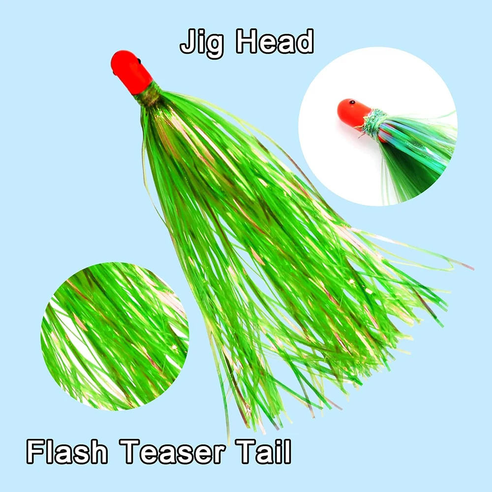 3Pcs Mylar Flash line Teaser Tail Bucktail Fishing lure 10g Weighted Tailed Jig Head Saltwater Skirts bait jig rig trolling lure