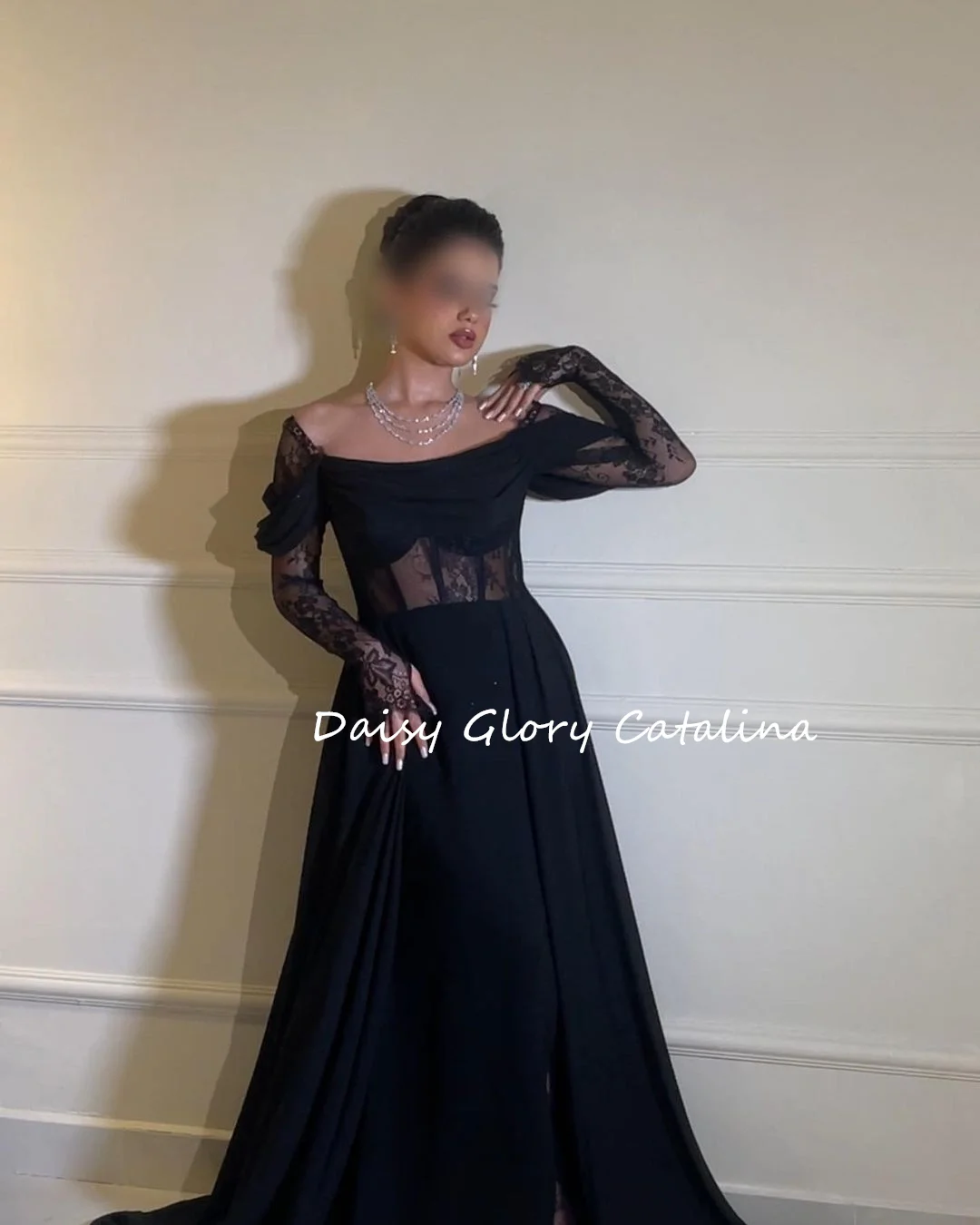 Elegant Black Evening Dresses Luxury Lace Prom Dresses 2024 Long Sleeves Off Shoulder Saudi Arabia Women Formal Party Gowns New