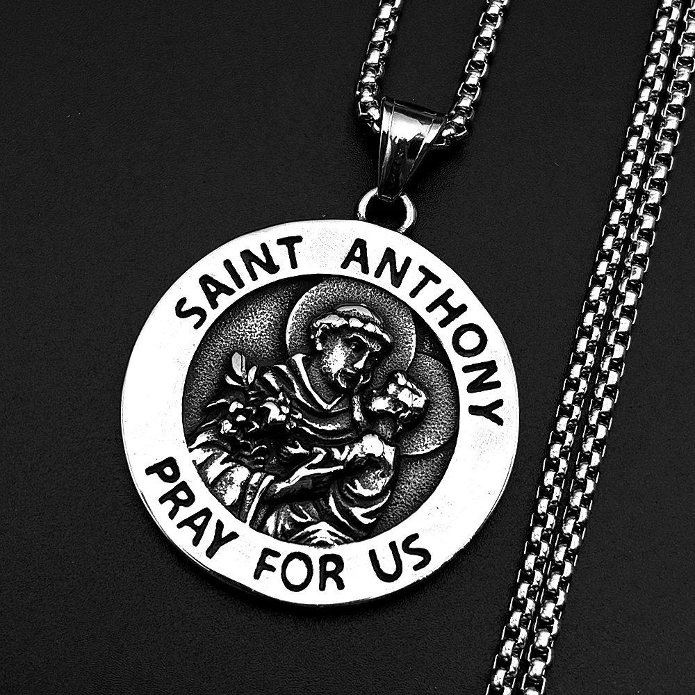 SANIT ANTHONY PRAY FOR US Cadena para mujeres y hombres, acero inoxidable, color plateado, santo patrón de las cosas perdidas, regalos de joyería religiosa